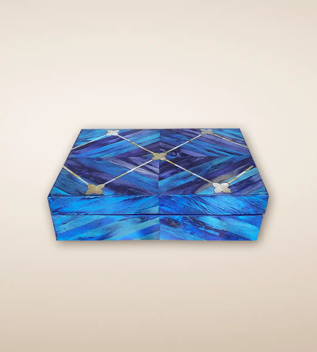Blue Parquetry Floret Luxury Handmade Wooden Jewelry Box