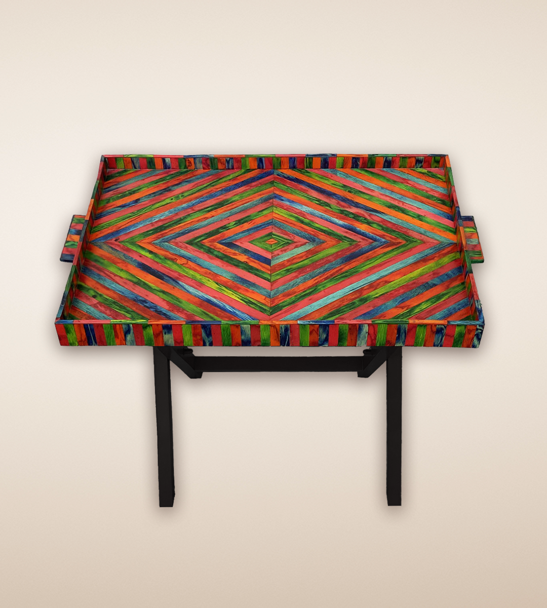 Diamond Parquetry Wooden Serving Tray Table - Multi Color