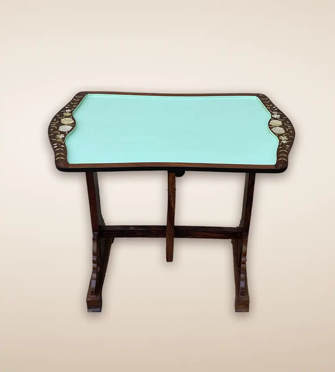 Floral Wooden Serving Tray Table - Teal Color