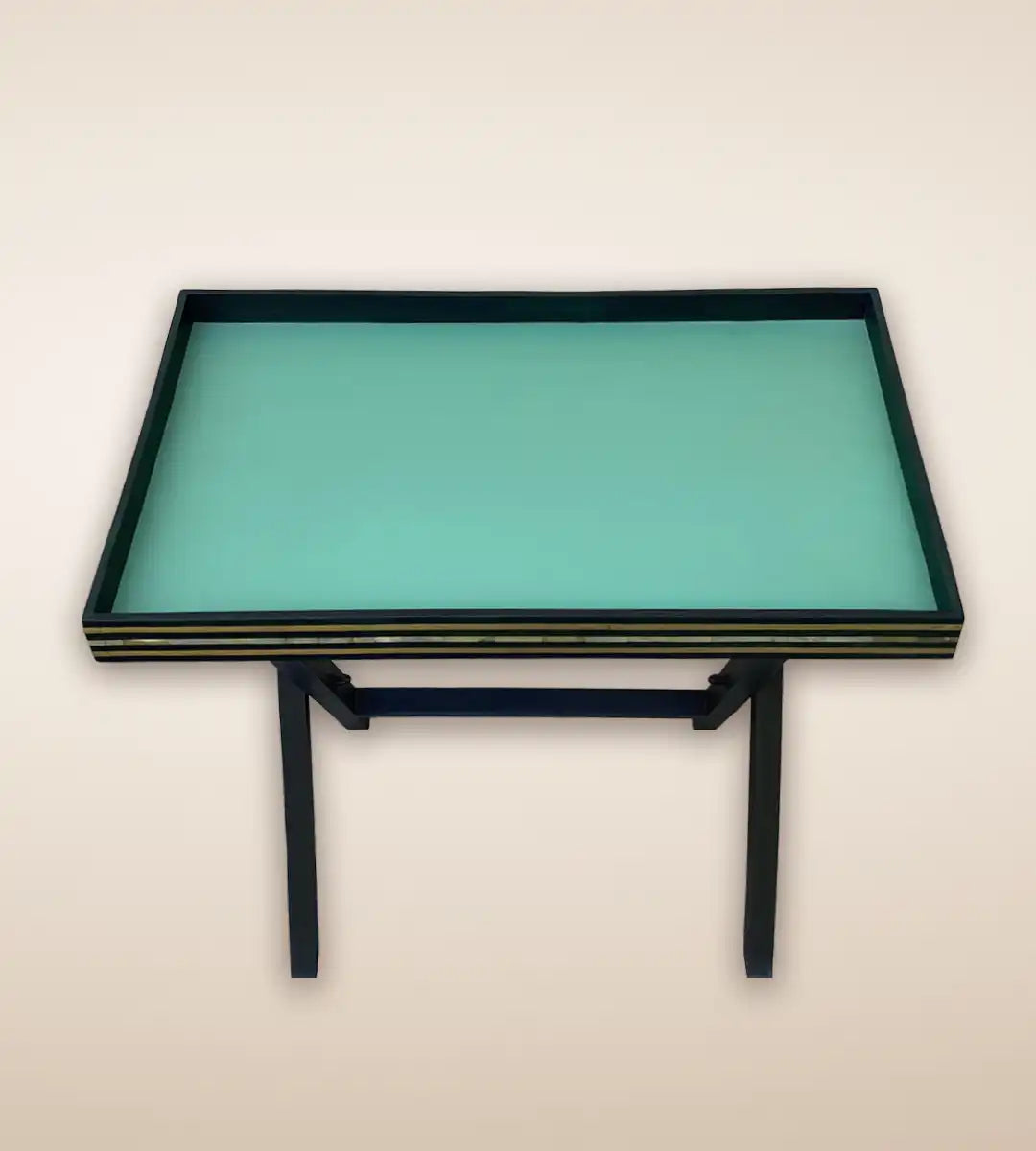 Striped Raised Border Wooden Serving Tray Table - Teal Color