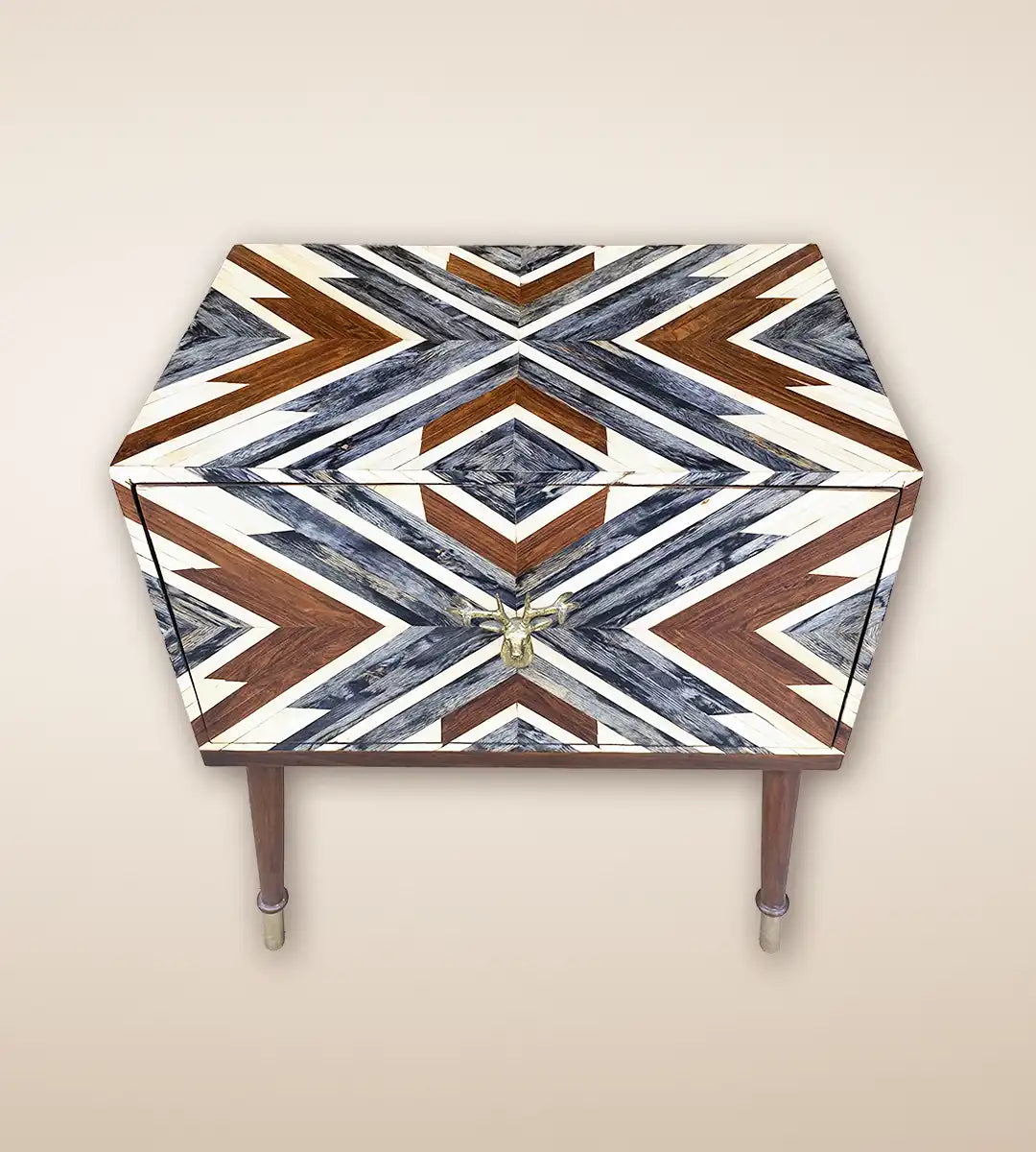 Abstract Parquetry Wood 1 Drawer Side Table Cabinet For Home Decor