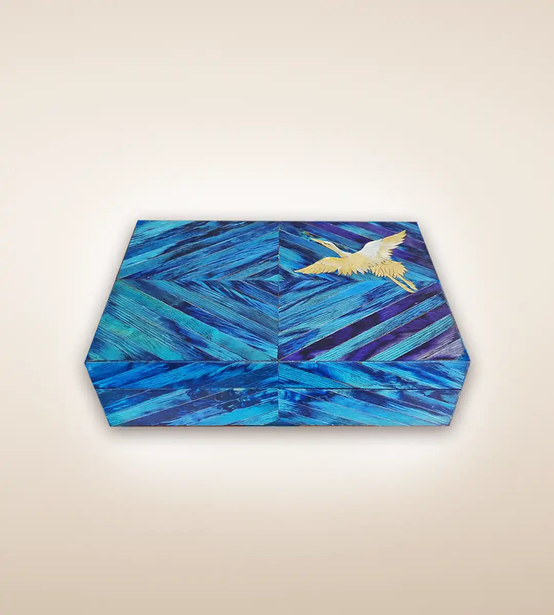 Blue Parquetry Crane Handmade Luxury Wooden Jewelry Box