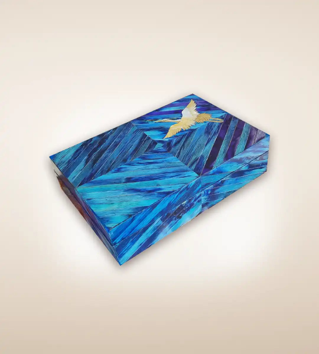 Blue Parquetry Crane Handmade Luxury Wooden Jewelry Box