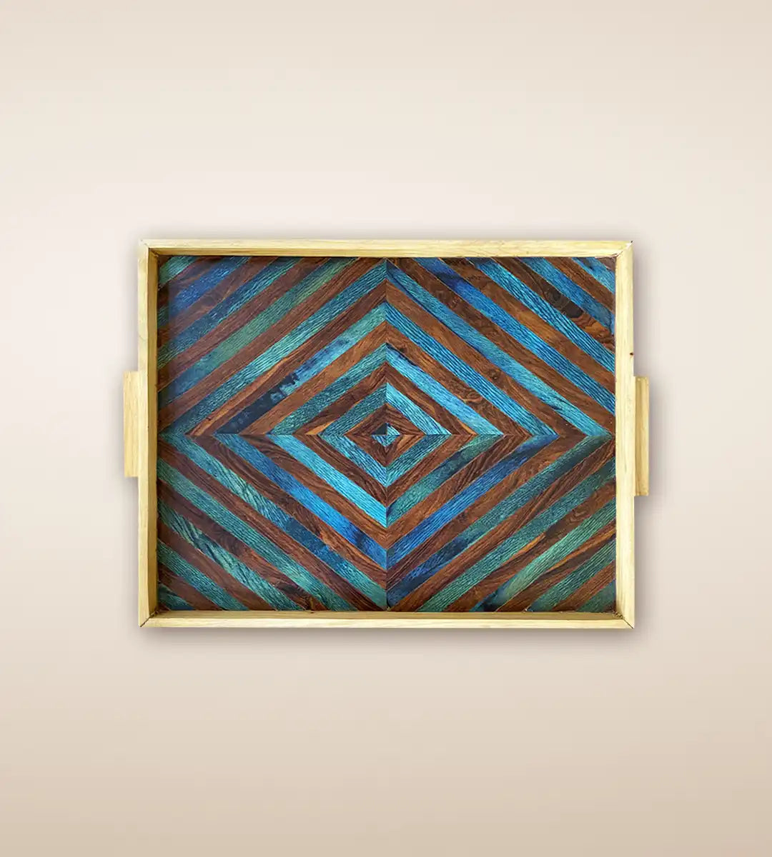 Diamond Parquetry Premium Wooden Serving Tray Brown+Teal