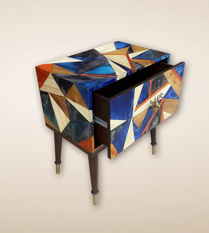 Geometric Parquetry Wood 1 Drawer Side Table Cabinet For Home Decor