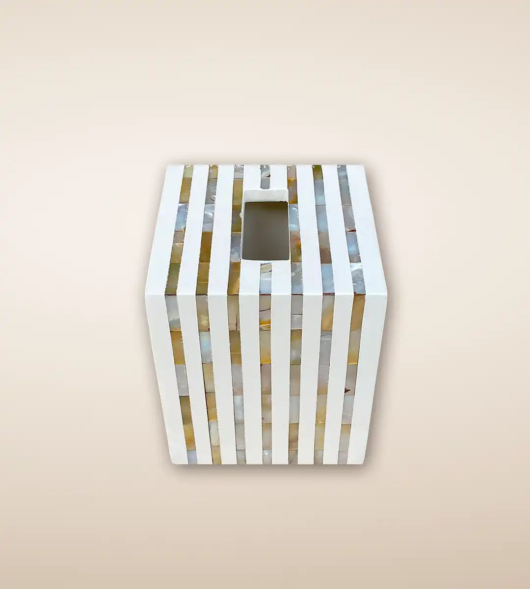 Pearl White Striped Handmade Wooden Tissue Box by Heritage Home