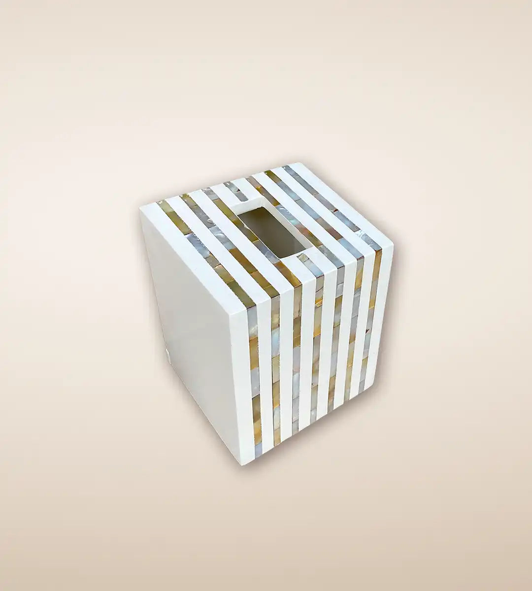 Pearl White Striped Handmade Wooden Tissue Box by Heritage Home