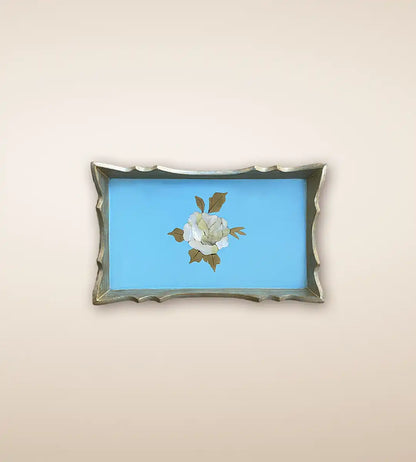 Rose Print Premium Wood Serving Tray Aqua Color