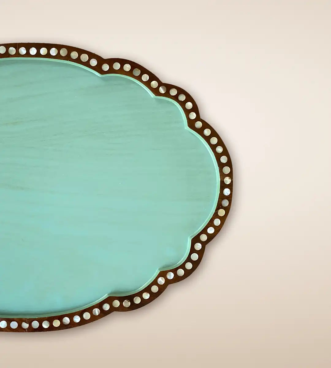 Skyros Premium Wooden Round Serving Tray Teal Color 