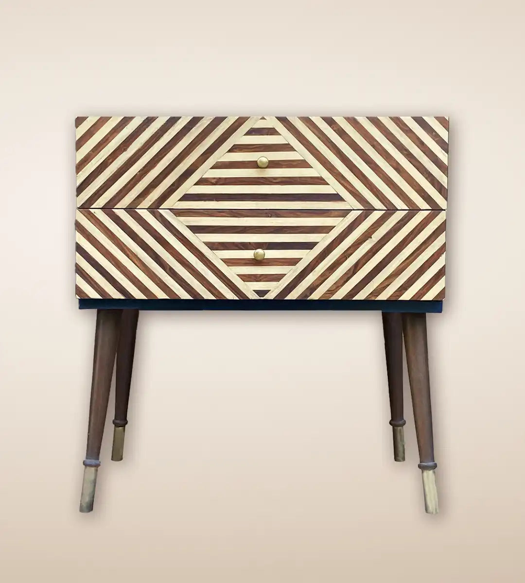 Striped Parquetry Wood 1 Drawer Side Table Cabinet For Home Decor