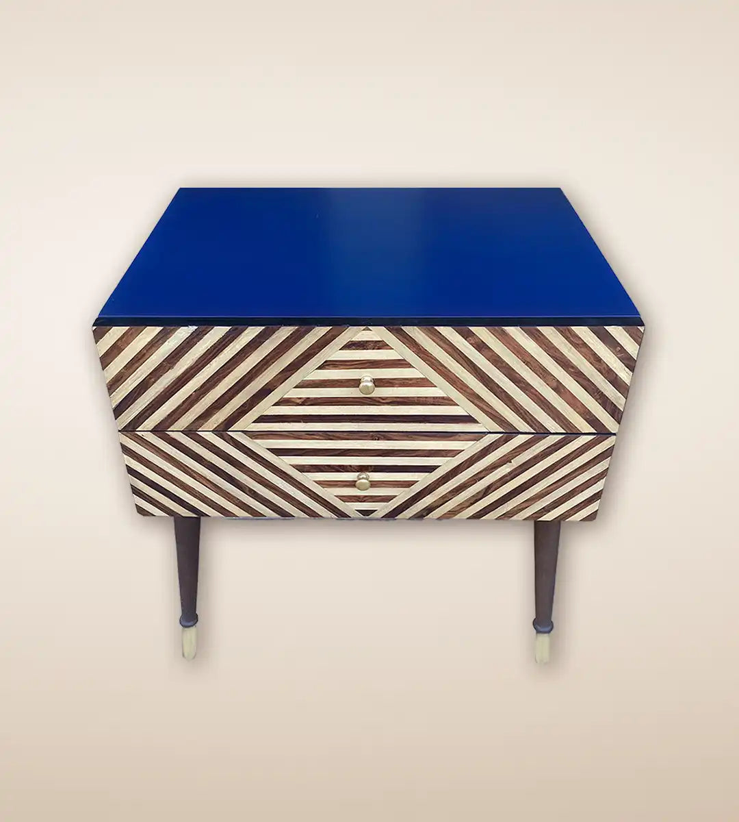 Striped Parquetry Wood 1 Drawer Side Table Cabinet For Home Decor